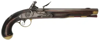 Kentucky Pistol,
.50 caliber 9-1/4" barrel,
small Siler flintlock, engraved brass, curly maple, 
used, by J. Kirklin